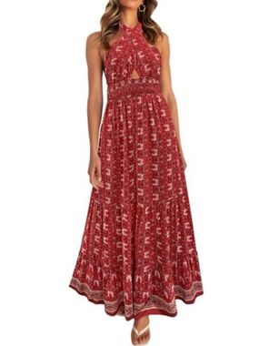 NWOT Halter Red Floral Maxi Dress - Women Dresses